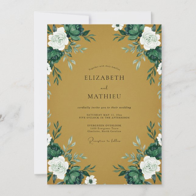 Invitación Boda con follaje pintado de ocre celestial (Anverso)