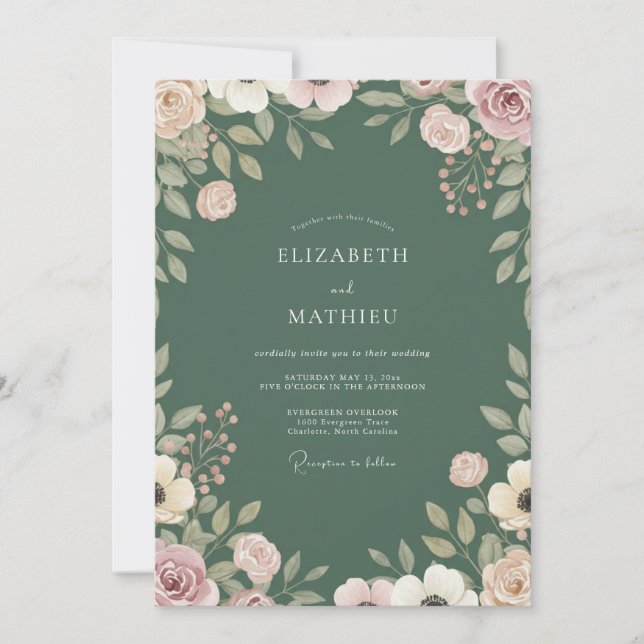 Invitación Boda con Follaje Pintado de Oliva (Anverso)