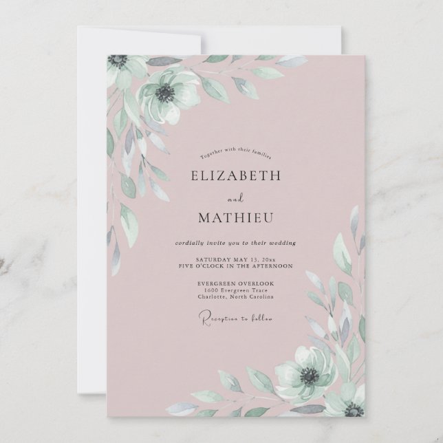 Invitación Boda con follaje pintado de rubor (Anverso)