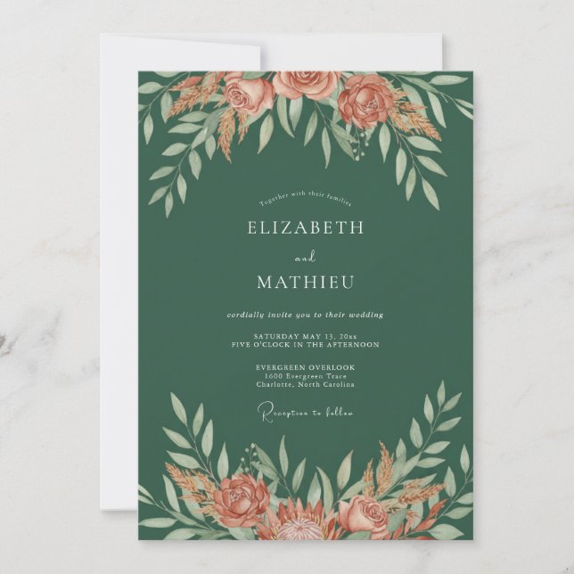 Invitación Boda con Follaje Pintado de Terracota (Anverso)