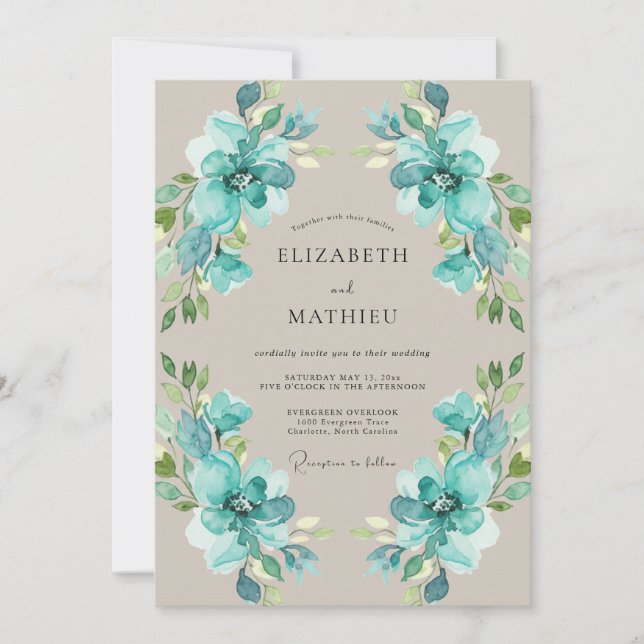Invitación Boda con follaje pintado de turquesa (Anverso)
