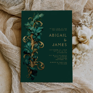 Invitación Boda con follaje rococó dorado y verde esmeralda o