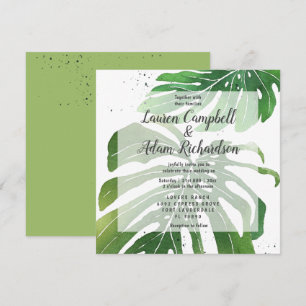Invitación Boda con follaje tropical de Monstera en acuarela