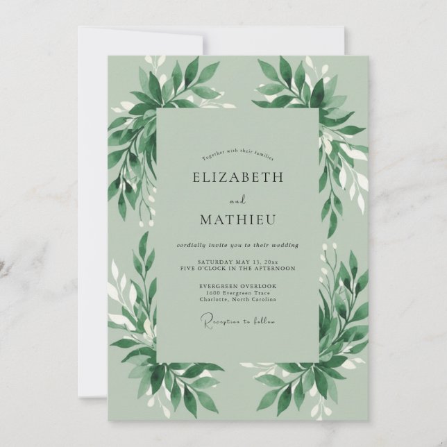 Invitación Boda con follaje verde menta (Anverso)