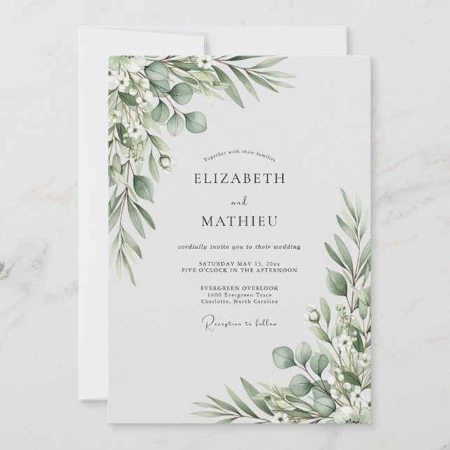 Invitación Boda con Follaje Verde Salvia (Anverso)