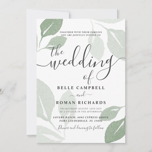 Invitación Boda con follaje verde salvia moderno (Anverso)