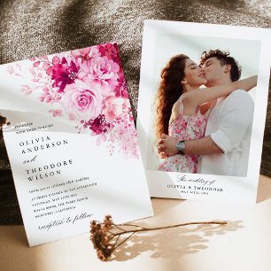 Invitación Boda con Fondo de Foto Floral Rosa Brillante