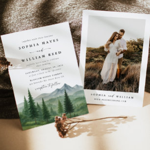 Invitación Boda con Foto de Acuarela Rústica de Bosque de Pin