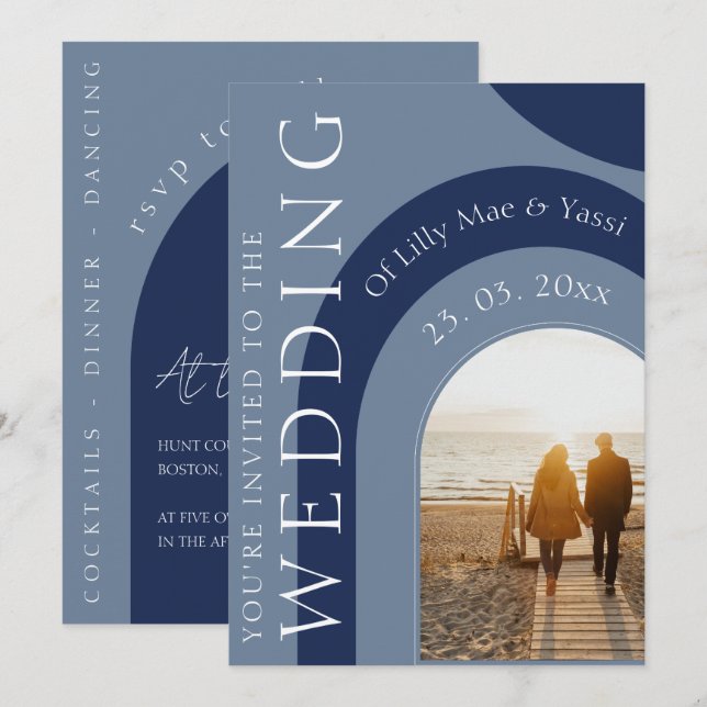 Invitación Boda con Foto de Arco Azul Moderno (Anverso / Reverso)