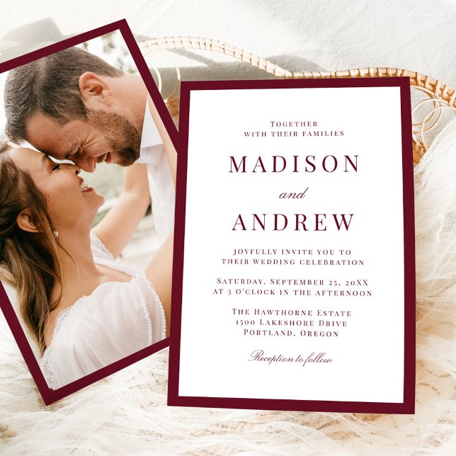 Invitación Boda con Foto de Borde de Borgoña Moderno (Subido por el creador)