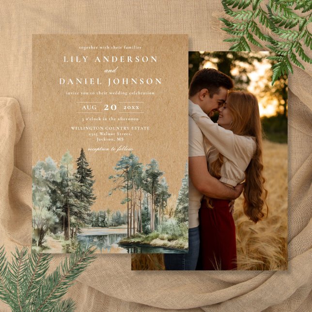 Invitación Boda con Foto de Bosque Lacustre Rústico Kraft (Rustic Kraft Lake Forest Woodland Photo Wedding Invitation)