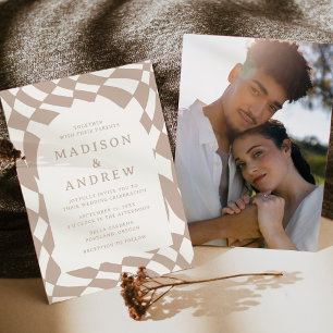 Invitación Boda con Foto de Cuadro de Mosaico Beige Retro