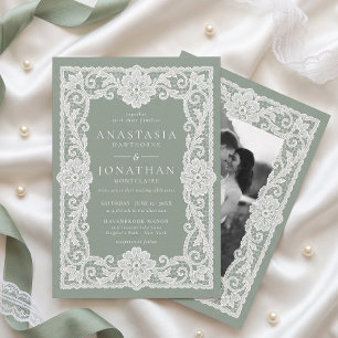 Invitación Boda con foto de encaje vintage verde salvia