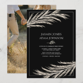 Invitación Boda con Foto de Hierba de Pampas Negra Moderna