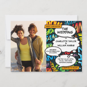 Invitación Boda con Foto de Libro de Cómic Colorido y Diverti