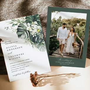 Invitación Boda con Foto de Monstera Verde Salvia Tropical