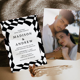 Invitación Boda con foto de tablero de ajedrez en blanco y ne