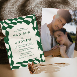 Invitación Boda con foto de tablero de ajedrez verde retro