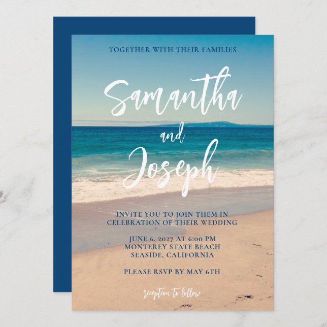 Invitación Boda con Foto en Playa Azul Profundo (Anverso / Reverso)