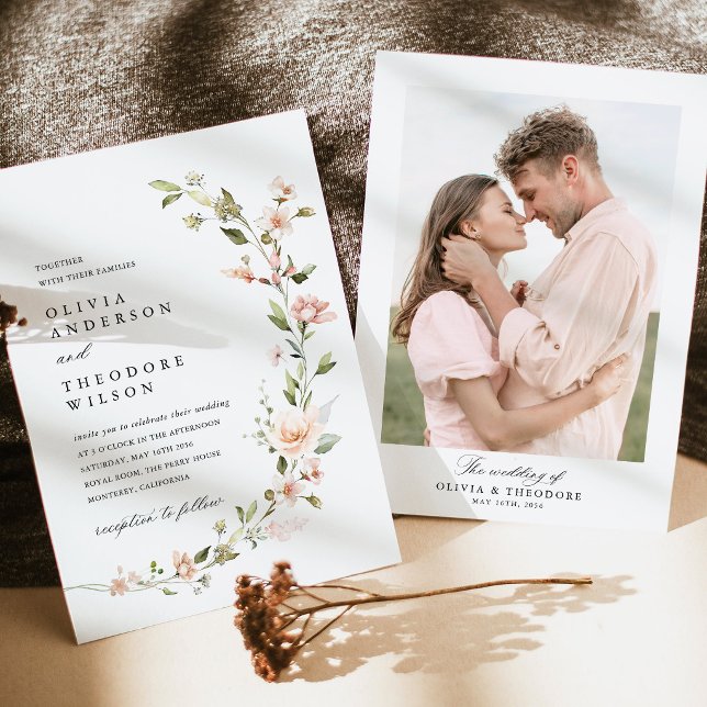 Invitación Boda con Foto Floral Beige Rosa (Peach Blush Floral Photo Wedding Invitation, Garden Watercolor Wedding Stationery, Photo Back Invite)
