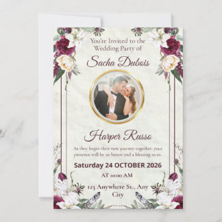 Invitación Boda con Foto Floral Burgundy y Dorado Oscuro y Ma