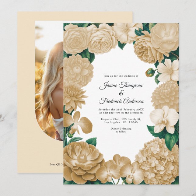 Invitación Boda con foto floral de champán y código QR (Anverso / Reverso)