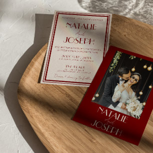 Invitación Boda con Foto Retro de Marfil y Borgoña Profundo O