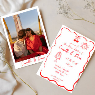 Invitación Boda con Foto Roja Vintage Retro Divertida Dibujad