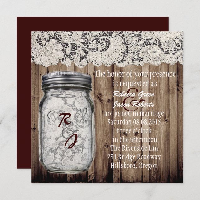 Invitación boda con frasco de mason de madera rústica occiden (Anverso / Reverso)