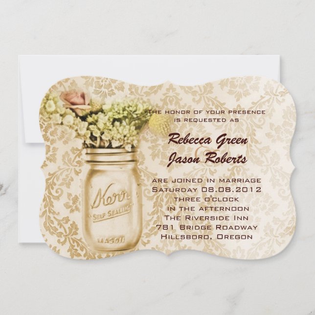 Invitación boda con frasco de mason floral damasco antiguo (Anverso)
