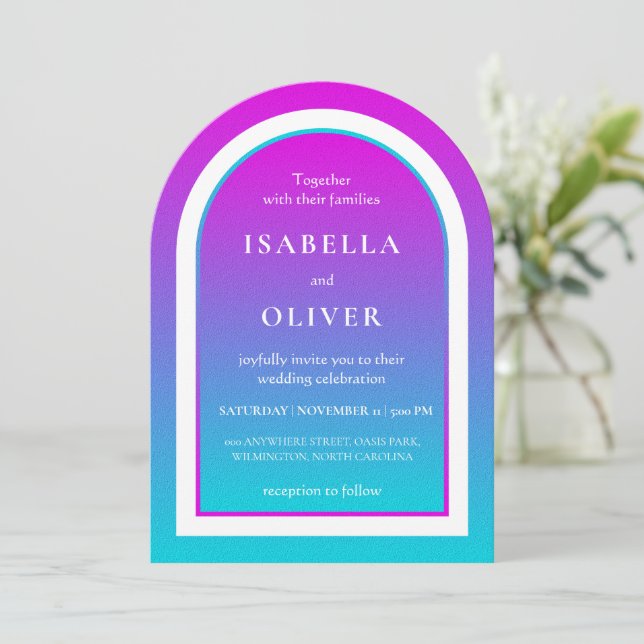 Invitación Boda con gradiente de rosa neblina y azul cielo cl (Anverso de pie)