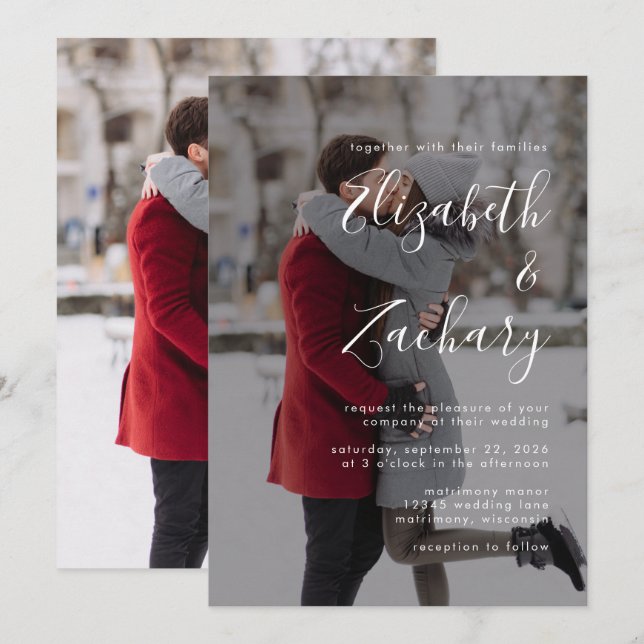 Invitación Boda con guión blanco de foto moderna (Anverso / Reverso)