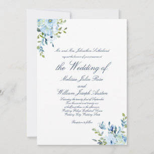 Invitación Boda con guión botánico azul acuarela caprichosa