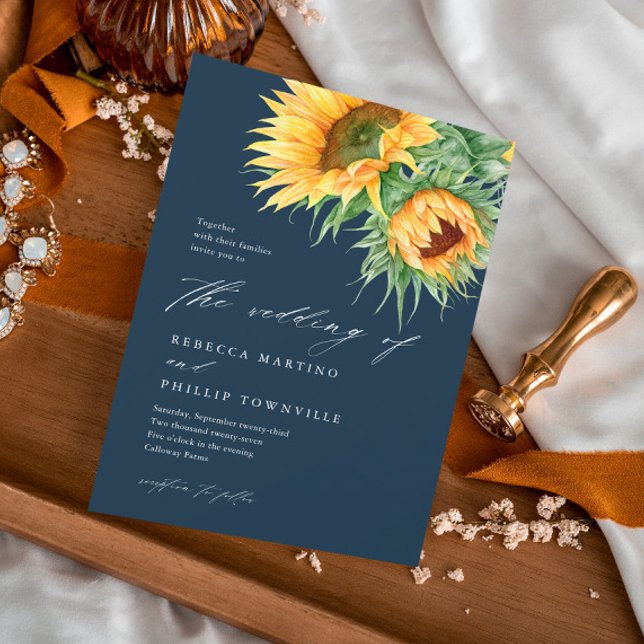 Invitación Boda con guión de acuarela de girasol rústico (An elegant, rustic sunflower wedding invitation with watercolor illustration and script typography.)