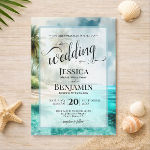 Invitación Boda con guión elegante acuarela de playa tropical