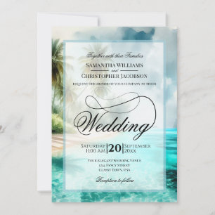 Invitación Boda con guión elegante acuarela de playa tropical