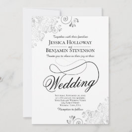 Invitación Boda con guión elegante con floritura plateada y b