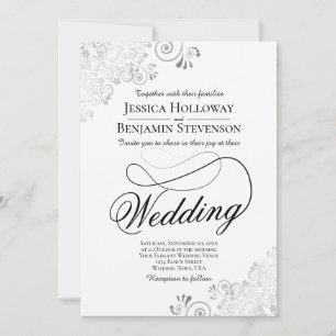 Invitación Boda con guión elegante con floritura plateada y b