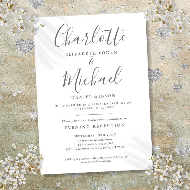 Invitación Boda con guión gris y blanco solo recepción (Reception Only Gray And White Script Wedding Invitation)