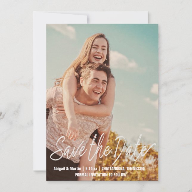 Invitación Boda con guión informal, foto para guardar la fech (Anverso)