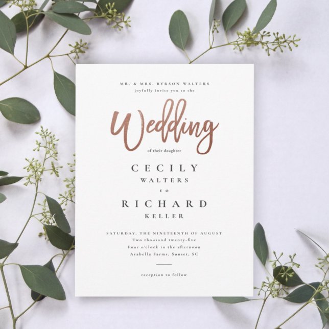 Invitación Boda con guión moderno en oro rosa (Subido por el creador)