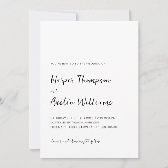 Invitación Boda con guion simple moderno en blanco y negro (Anverso)