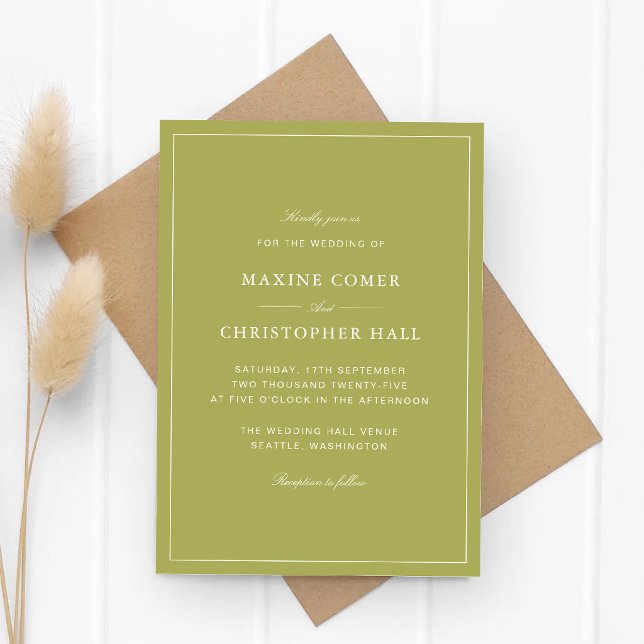 Invitación Boda con guión verde oliva elegante (Elegant olive green script wedding invitations set a refined and memorable tone for your day.)