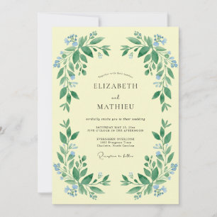 Invitación Boda con guirnalda botánica de color amarillo páli