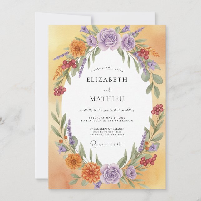 Invitación Boda con guirnalda de ámbar lavanda (Anverso)