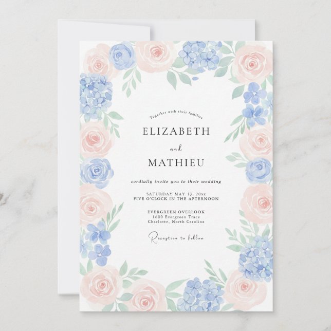 Invitación Boda con guirnalda de champagne y pervinca (Anverso)