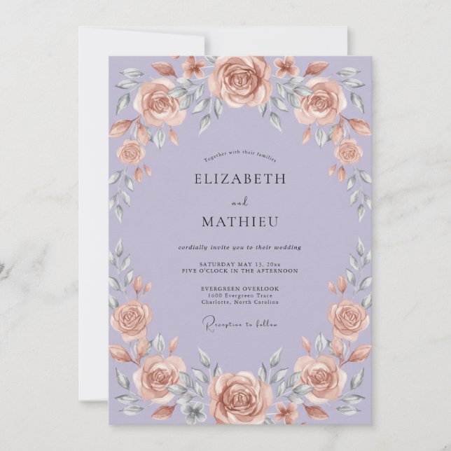 Invitación Boda con guirnalda de champán malva (Anverso)