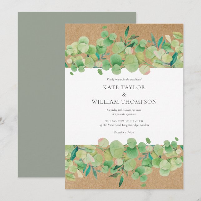 Invitación Boda con guirnalda de eucalipto rústico (Anverso / Reverso)