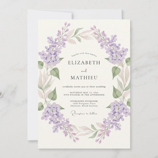 Invitación Boda con guirnalda de flor de lavanda (Anverso)