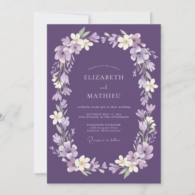Invitación Boda con guirnalda de flor de lila (Anverso)